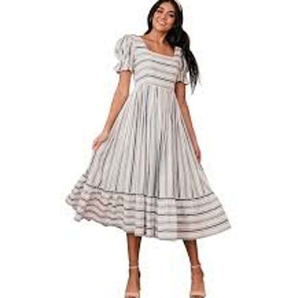 JessaKae Giselle Dress XL Striped Twill Puff Sleeve Midi Modest Boho Cottagecore